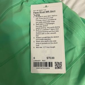 Lululemon Pace Rival Skort size 6 Long NWT